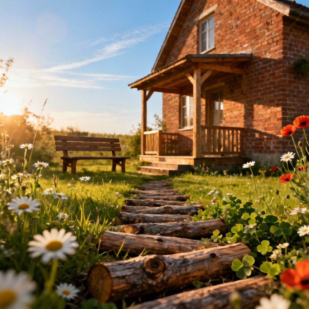 ira.kasyanova Касьянова – Photorealistic 8K image of a cozy brick country house with a small wooden veranda and a simple wooden bench placed ne…