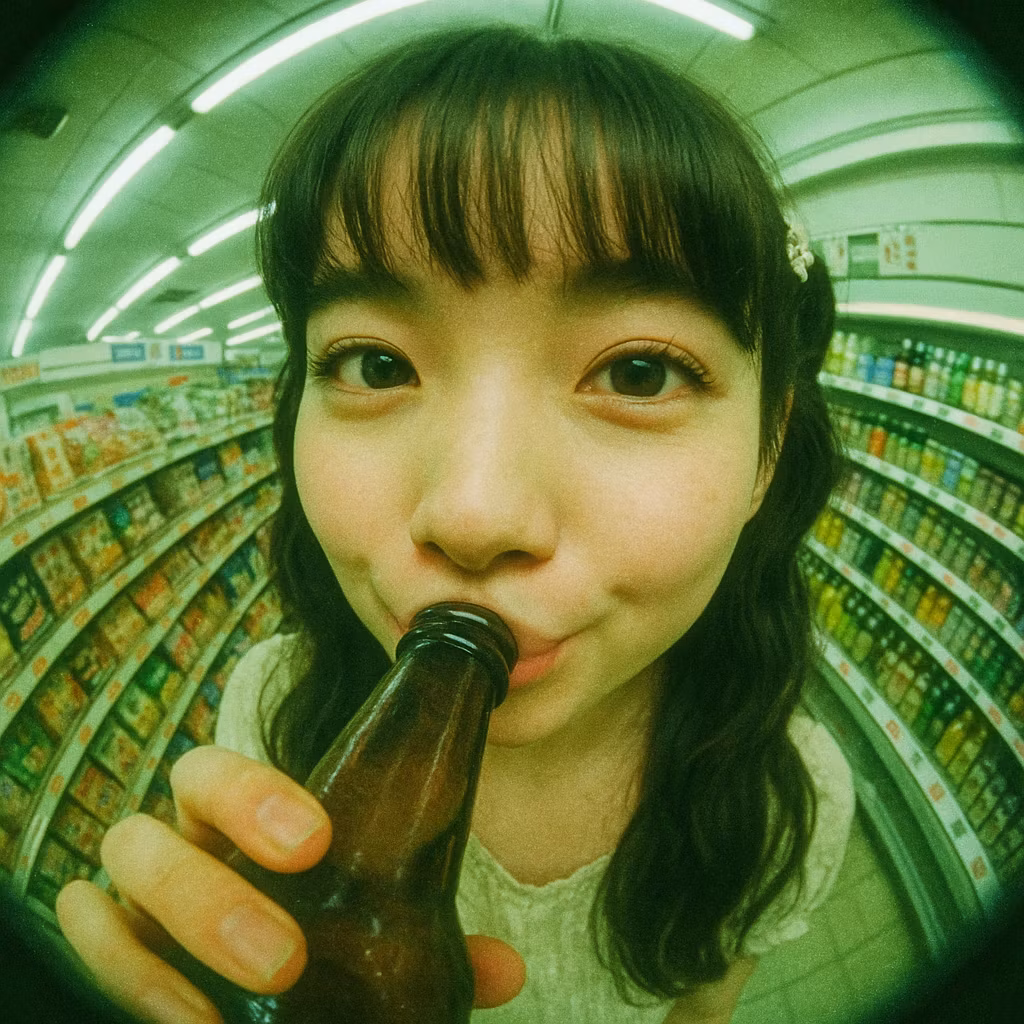 Kyro – Music video scene, extreme fisheye 5mm lens distortion. Japanese grocery store interior with aisles of packaged foods…