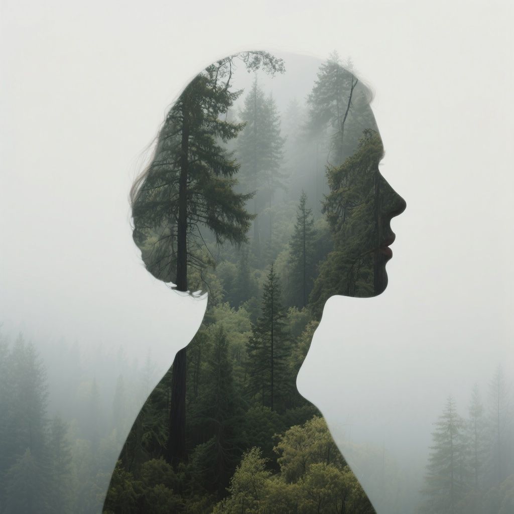 Ccddz – Double exposure artistic blend with person's profile silhouette more defined yet naturally transitioning into forest …
