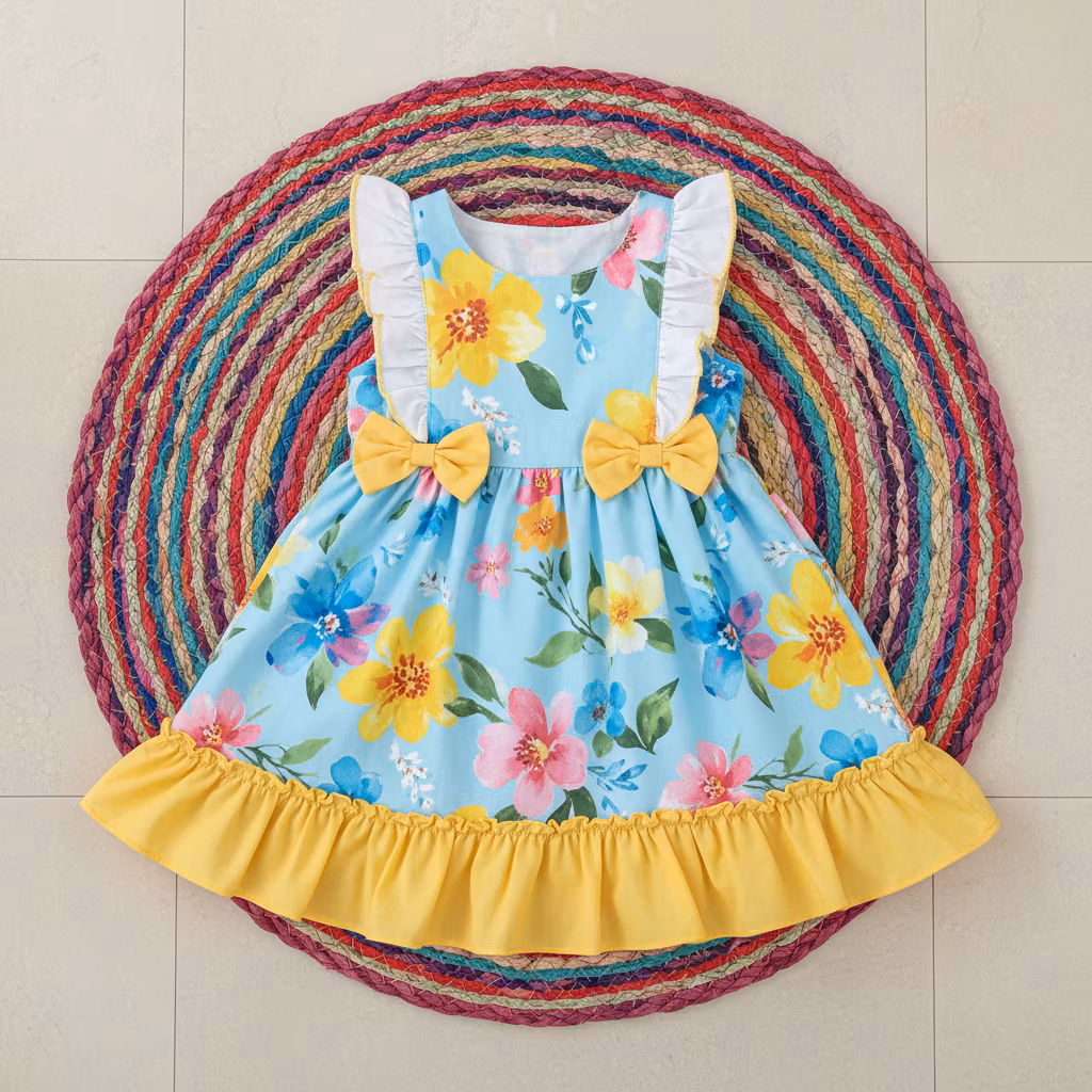 Rahil Suroo – A delightful summer dress designed for a 5-year-old girl, featuring a light blue base with vibrant floral prints in y…