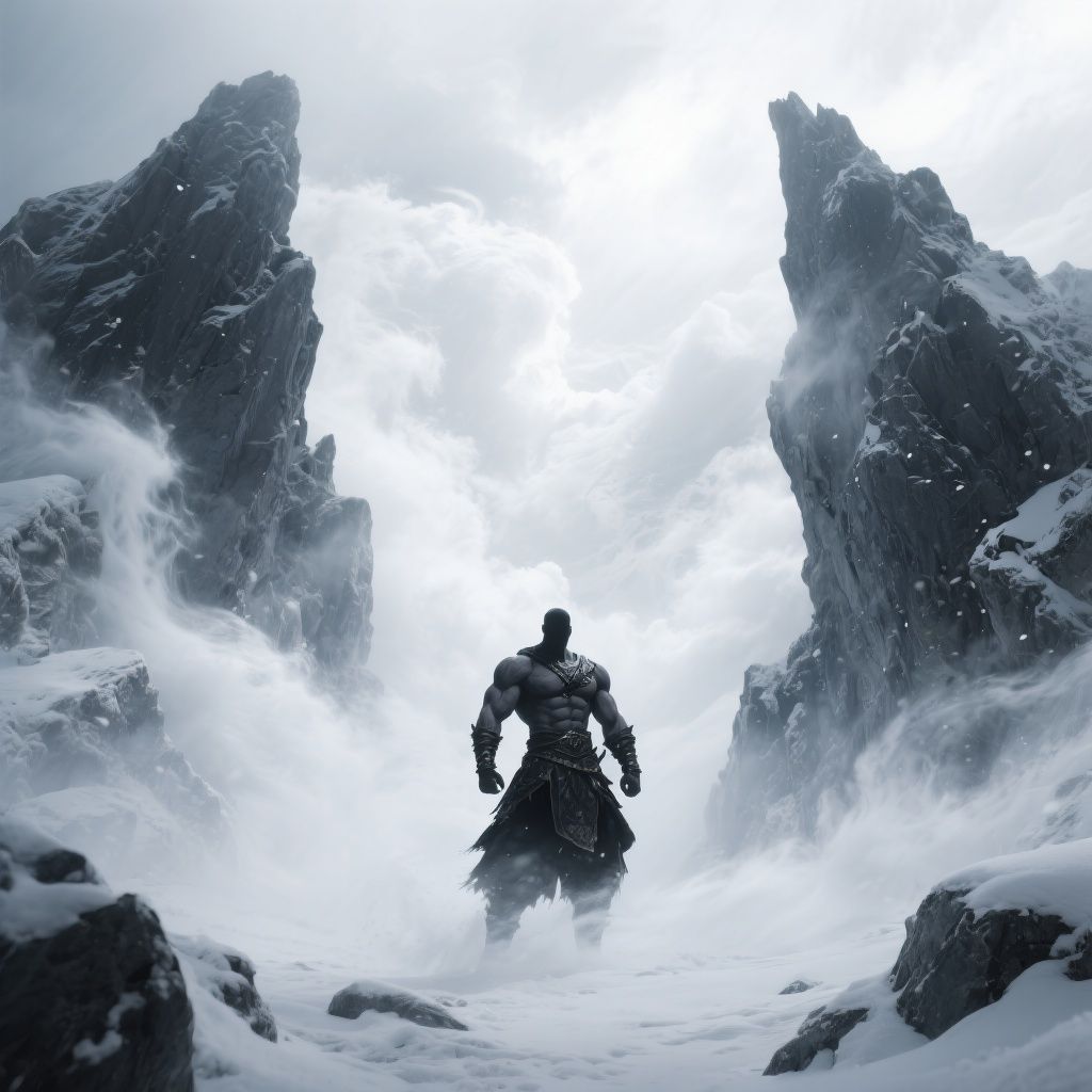 Prism Reality – Epic muscle-bound warrior silhouette standing defiantly against a fierce white blizzard, positioned dramatically betw…