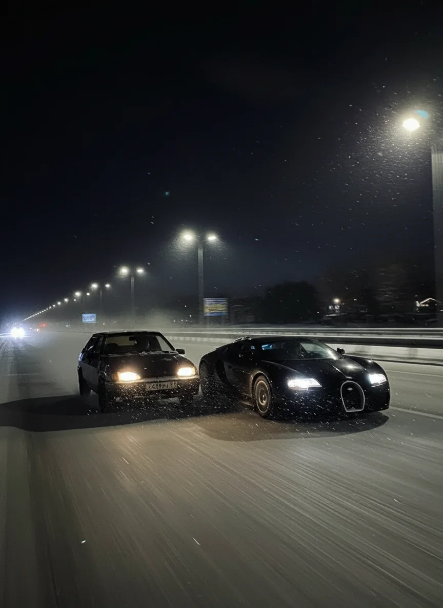 rOnd rOnd – Transform this winter night scene into a dynamic overtaking moment on a snowy highway. The ВАЗ-2114 hatchback should …