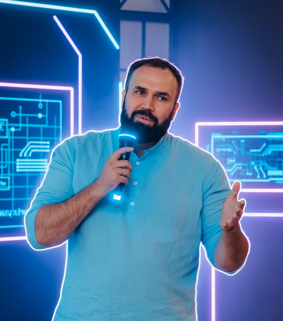 ИИ-интегратор Нейробизнес – Transform this presentation scene with vibrant but balanced neon lighting. The man in light blue shirt should be illu…