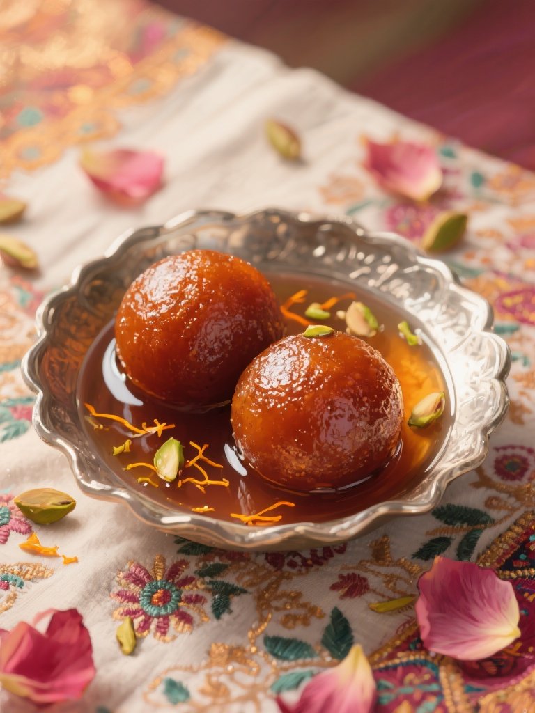 bluewallblacktile – Painterly illustration of two plump gulab jamuns sitting in a shallow silver katori, their deep amber-brown surfaces …