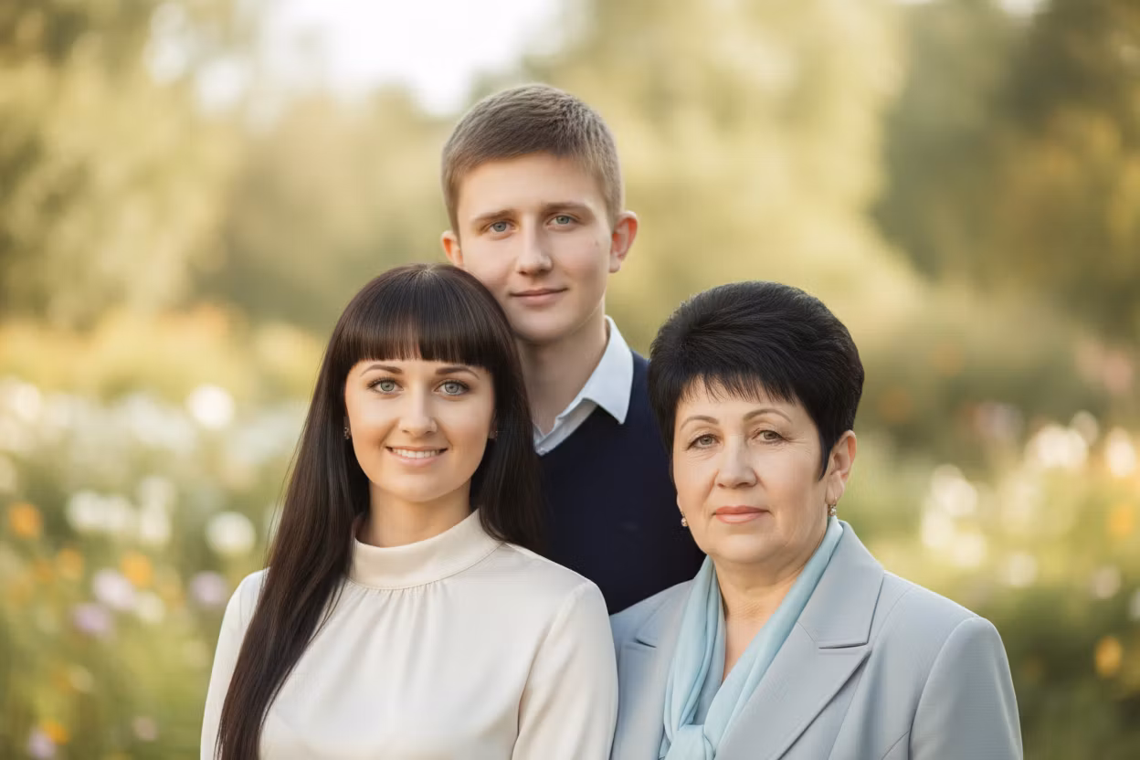 Любовь Павленко – Create a close-up group portrait of all four people from both photos, showing them from chest up for maximum facial d…