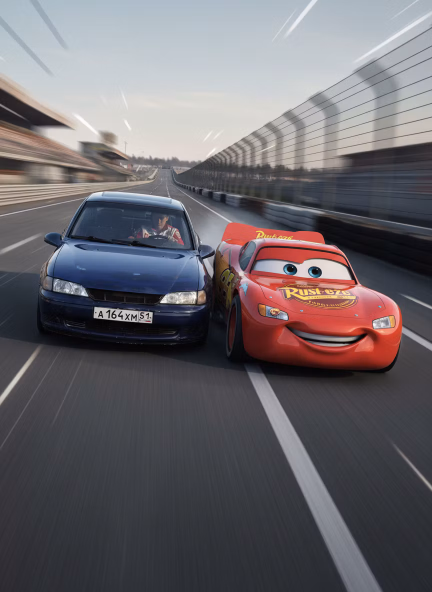 Vadosix – Transform this scene into a dynamic racing moment where the blue car with the person in Russian tracksuit is overtaki…