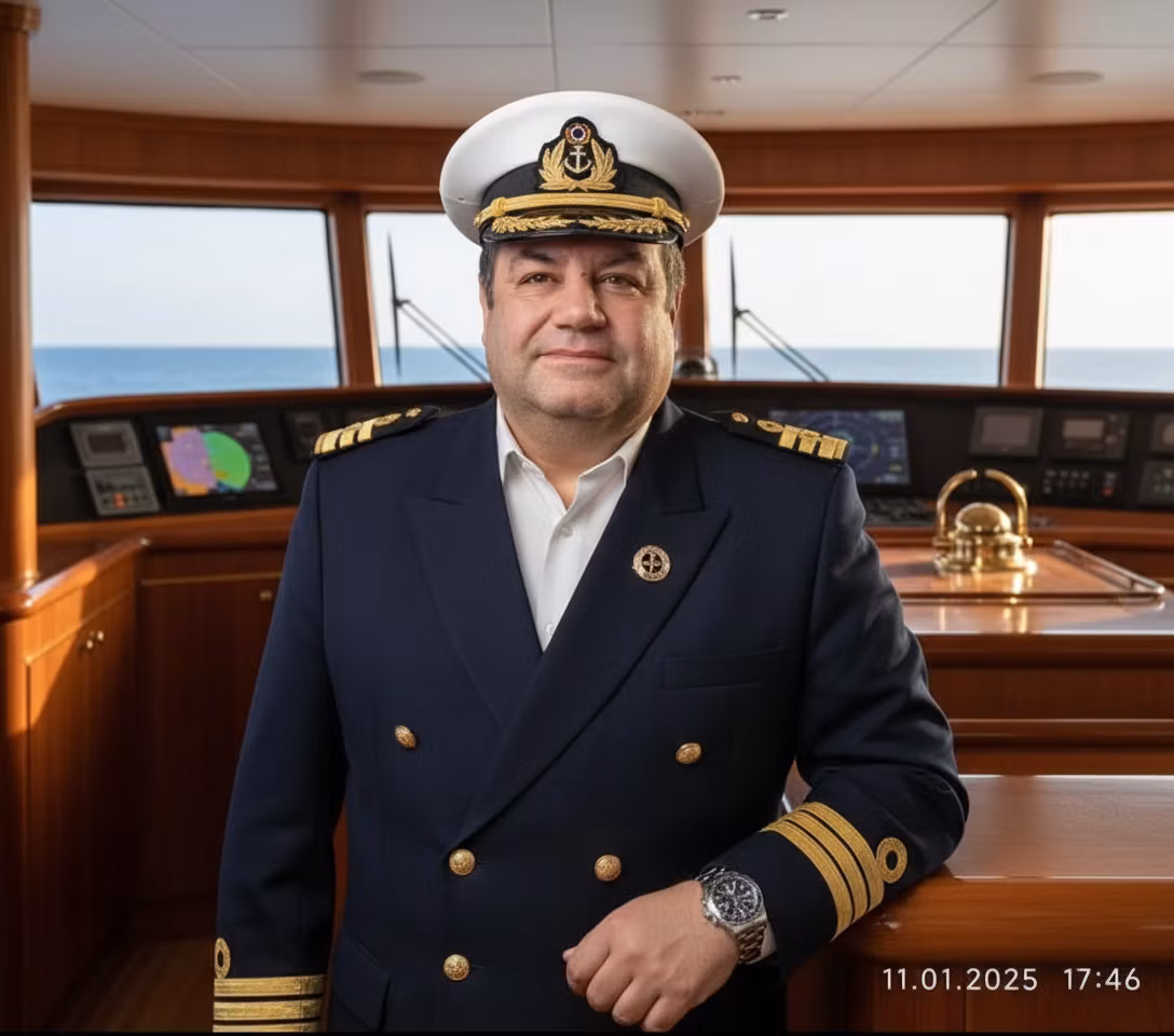 Omar Haboyan – Transform this man into a distinguished luxury yacht captain. Replace his casual striped t-shirt with an elegant nava…