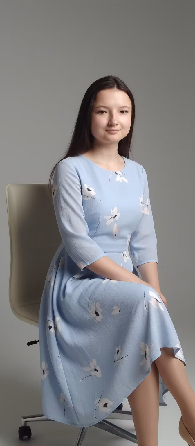валерия задорожняя – Change the outfit to a flowing midi dress in soft pastel blue with subtle floral accents, suitable for a professional…