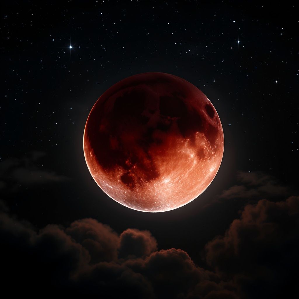 amirali abazarian – A breathtaking lunar eclipse scene captured in dramatic cinematic quality. The moon appears as a deep crimson orb sus…