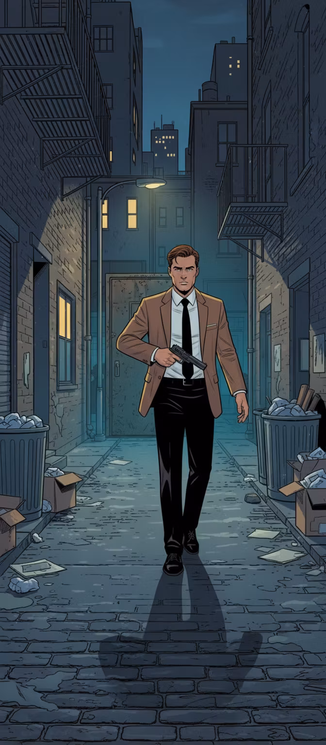 Adalbert Vacula – In the provided comic-style illustration, change the scene so the man is approaching a weathered metal door at the en…