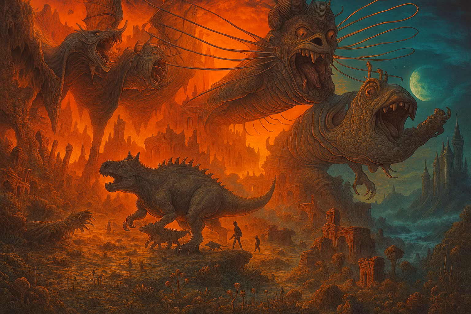 Kyro – Epic fantasy interpretation of Hunter x Hunter's Dark Continent scene, massive otherworldly creatures and bizarre mon…