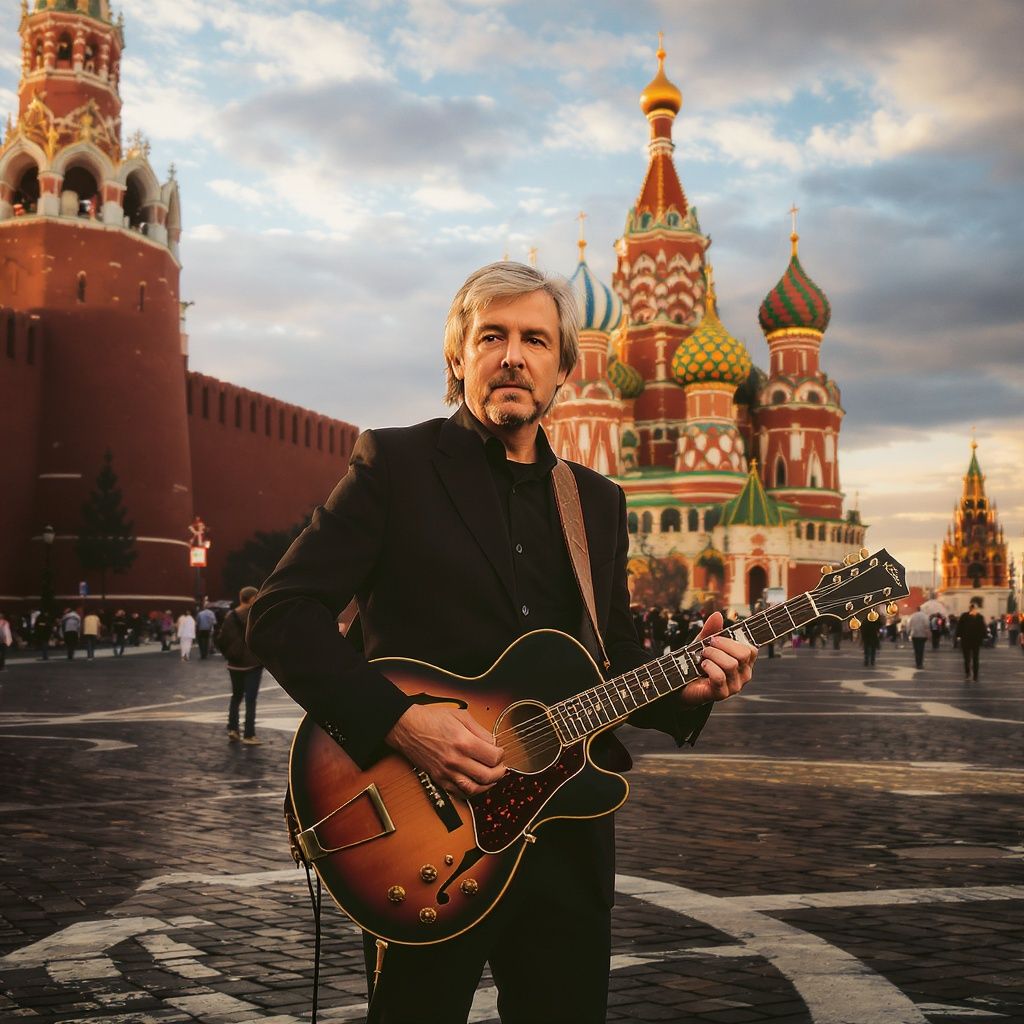 Alex Ov – Paul McCartney, the legendary Beatles musician, standing confidently on the iconic Red Square in Moscow, holding an a…