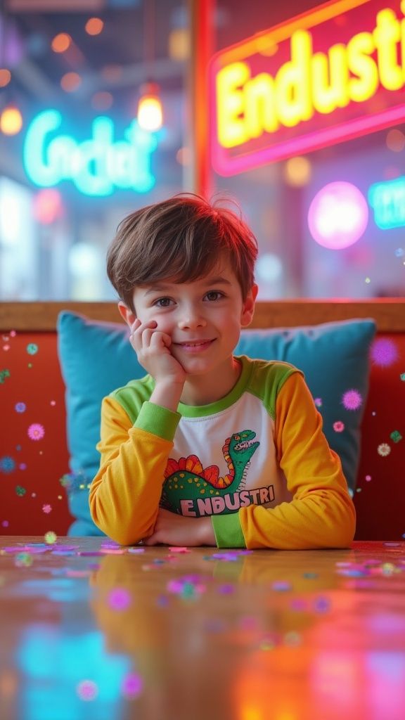 istam sharopov – A charming young boy with short brown hair seated at a colorfully decorated table, resting his chin thoughtfully on h…