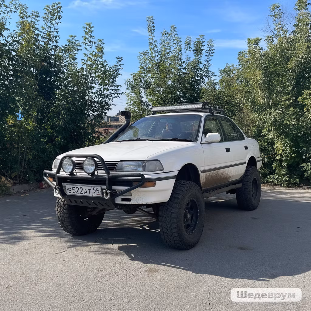V X L – Transform only the white Toyota Corolla sedan from the first image into a rugged off-road monster, while keeping the …