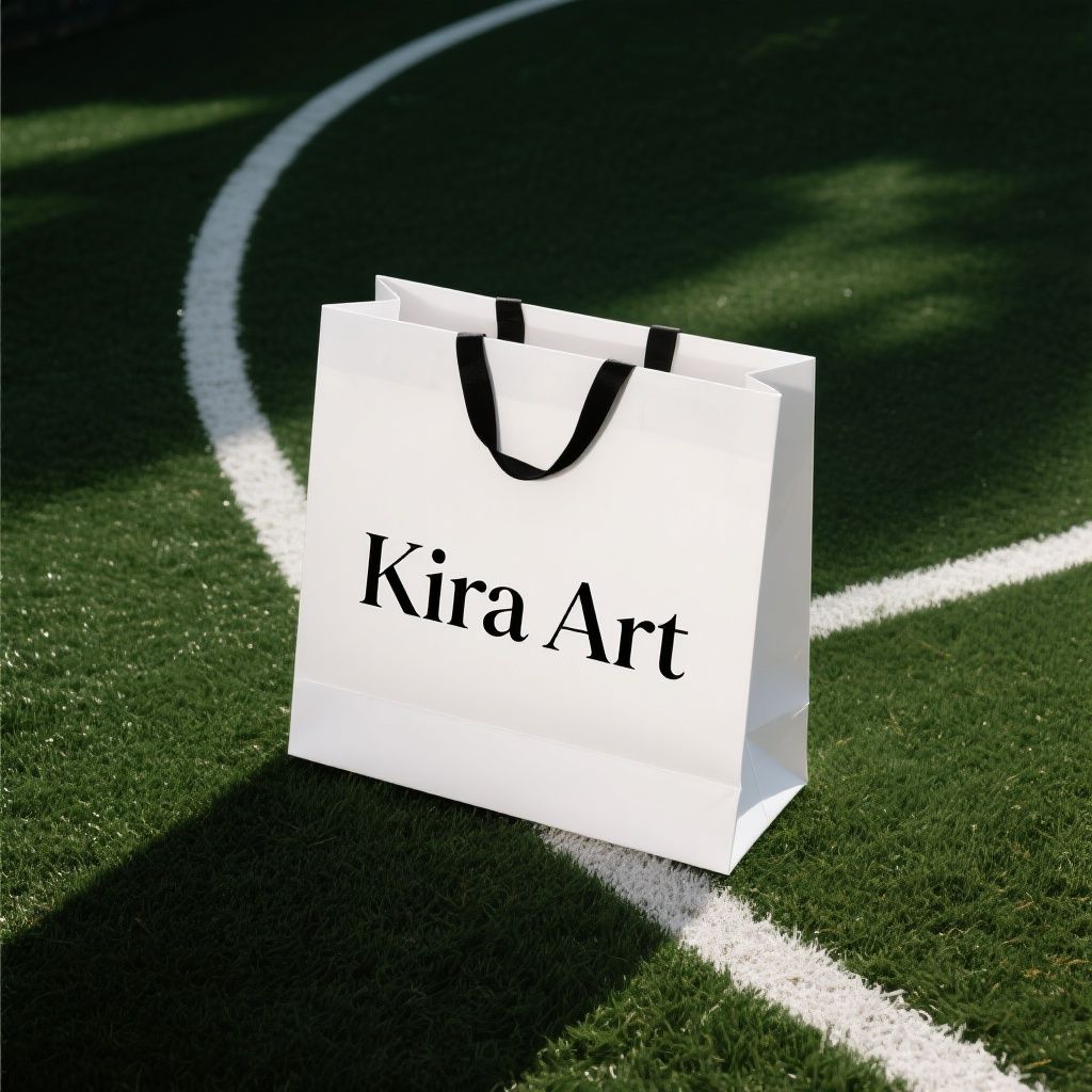 Ccddz – A professional product photograph of a "Kira Art" shopping bag centered on a grass tennis court with a white curved l…