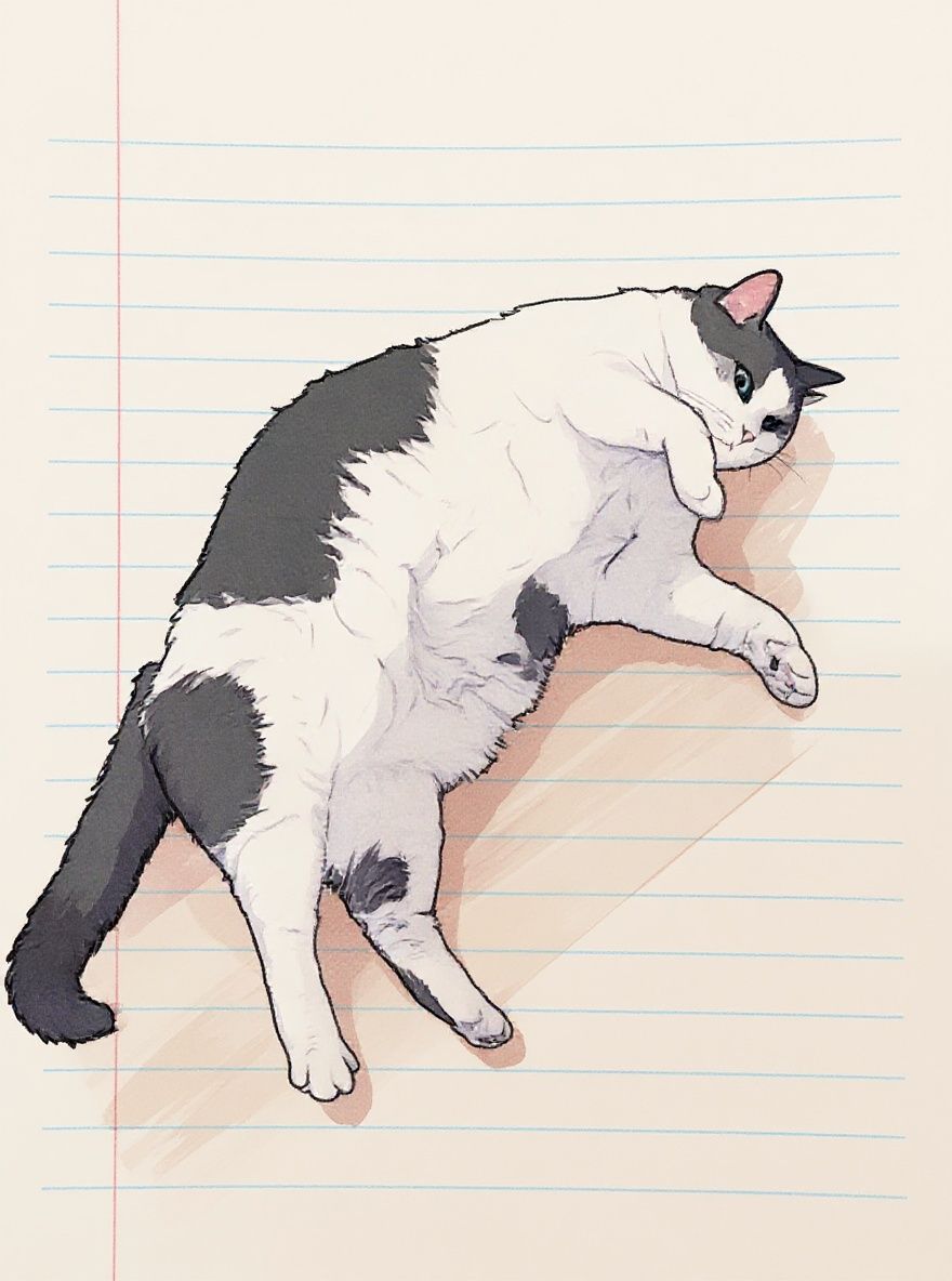 Alexandrsyncerd – Transform this photograph of a chubby cat lying on its back into an anime-style drawing on lined notebook paper. The …