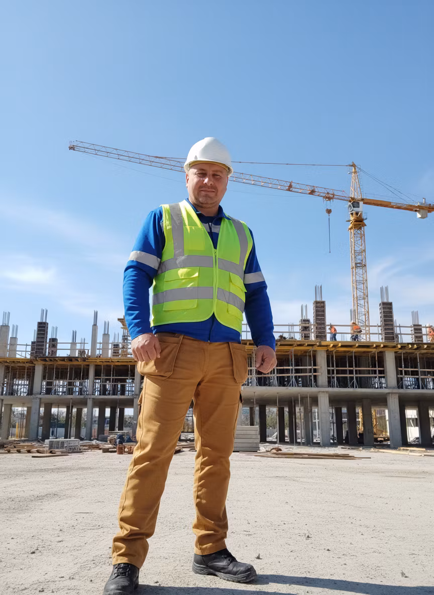Дмитрий Анисимов – Using the provided image of the man in construction uniform, change the color of the safety vest to a light green sal…