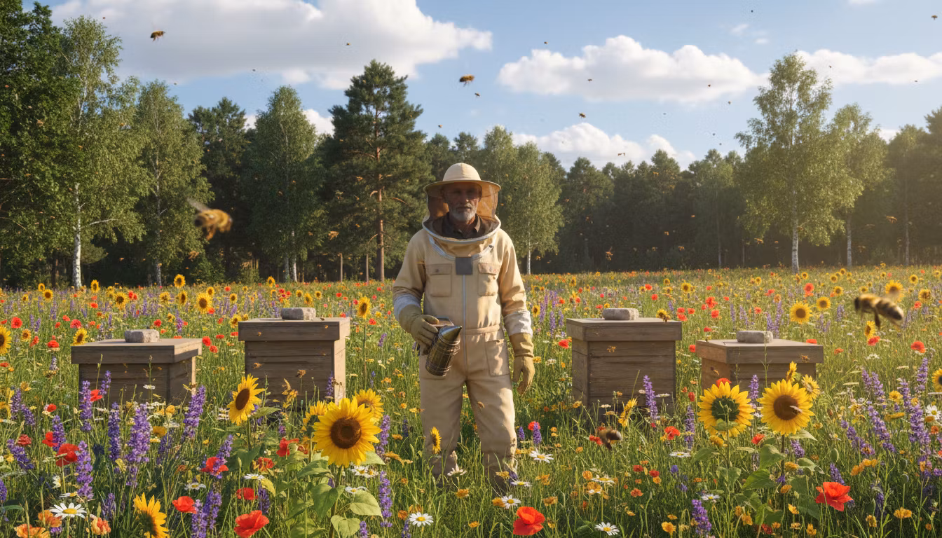 Владимир Смирнов – A thin elderly beekeeper with a small white beard standing peacefully near wooden beehives in a vibrant flowering mea…