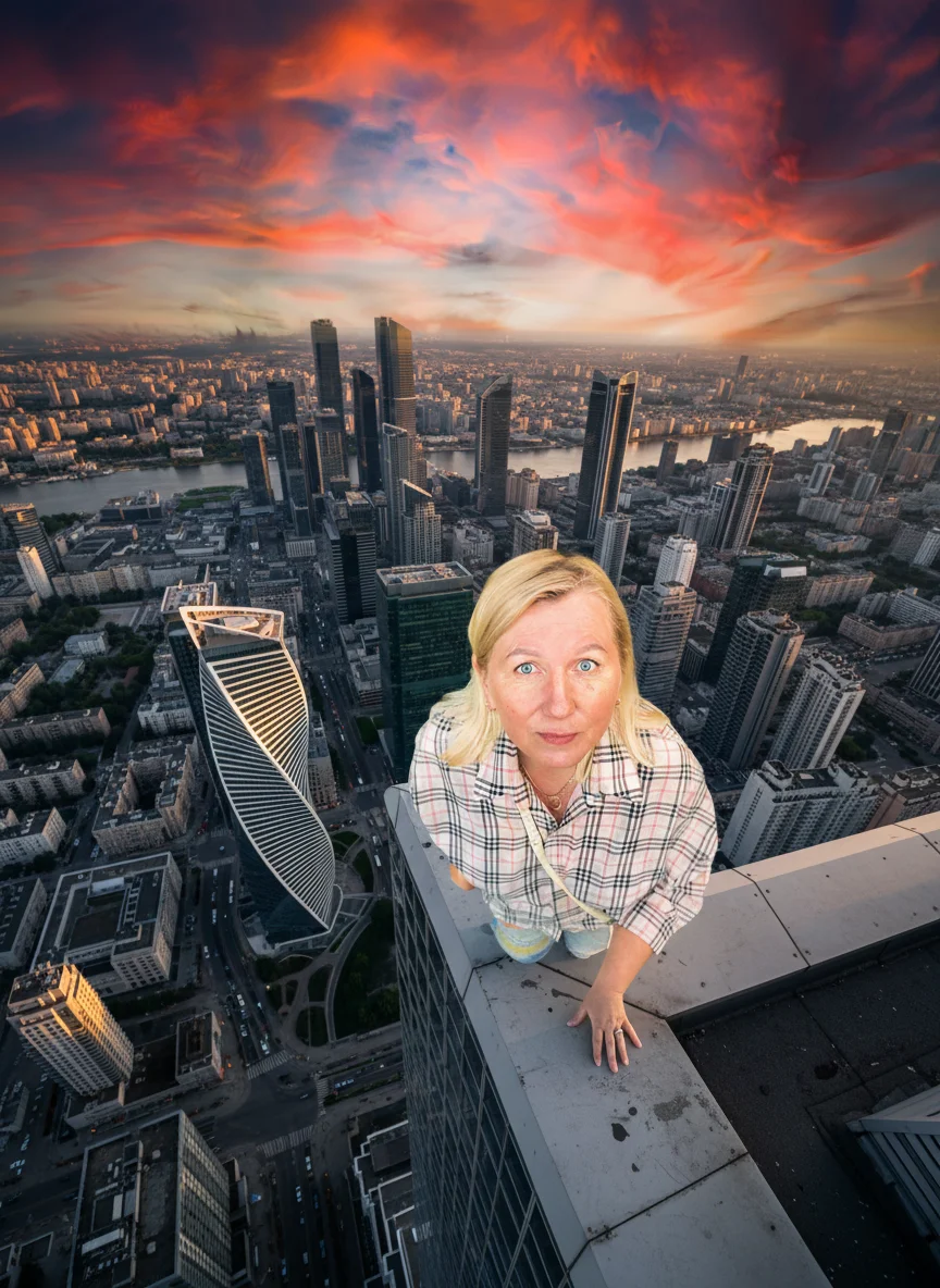 Ольга – Transform this scene so the person appears to be standing on the very edge of a skyscraper rooftop. Replace the grass…
