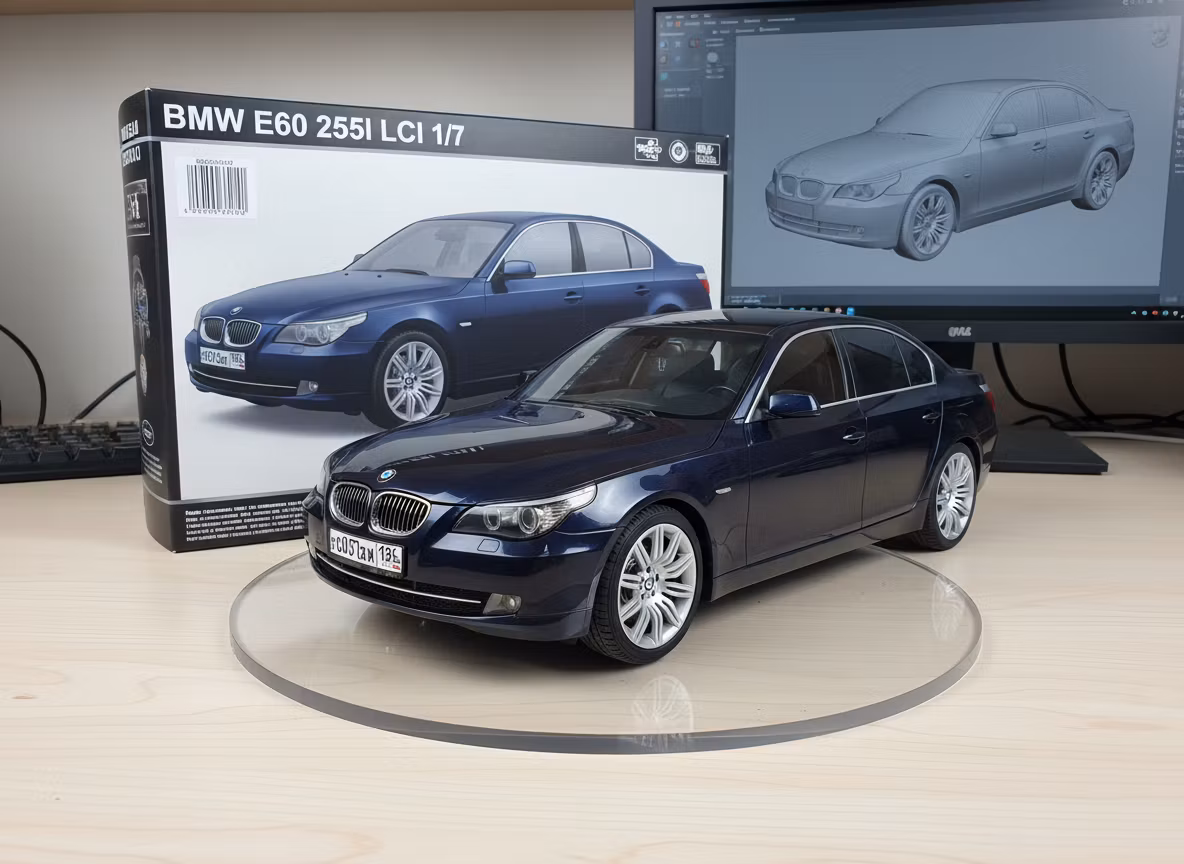 Максим Санин – Photorealistic commercial product photograph of a 1/7 scale model of a BMW E60 525i LCI, using the provided reference…