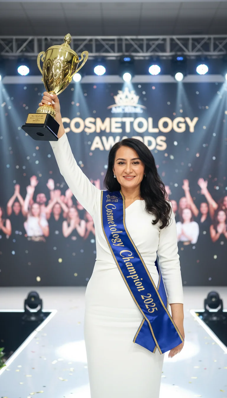 unknown 1111 – Transform the provided image of the woman in white scrubs into a scene where she is the winner of a cosmetology compe…