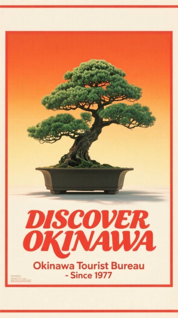 Ccddz – Vintage Japanese tourism poster circa 1977, dramatic single bonsai tree with lush green foliage, minimalist sunrise g…