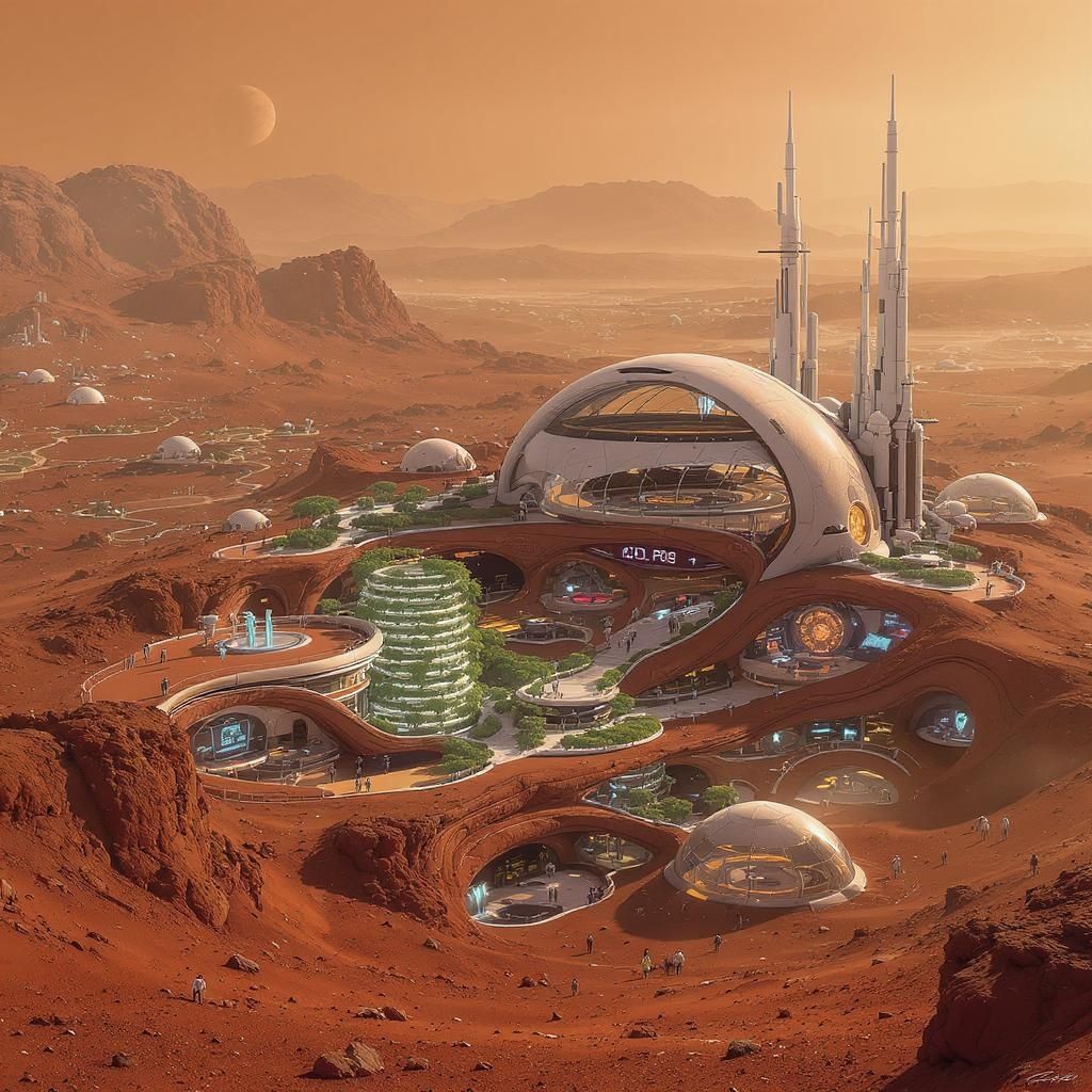 Steve Yao – A thriving Martian civilization in 2100, showcasing a self-sustaining colony with advanced technology. The scene feat…