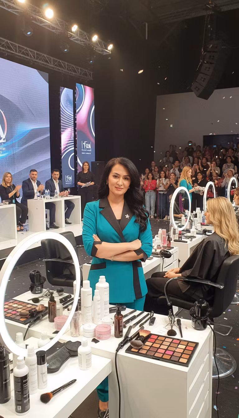 unknown 1111 – Integrate the woman from the provided portrait into a dynamic scene of a cosmetology competition. She is standing con…