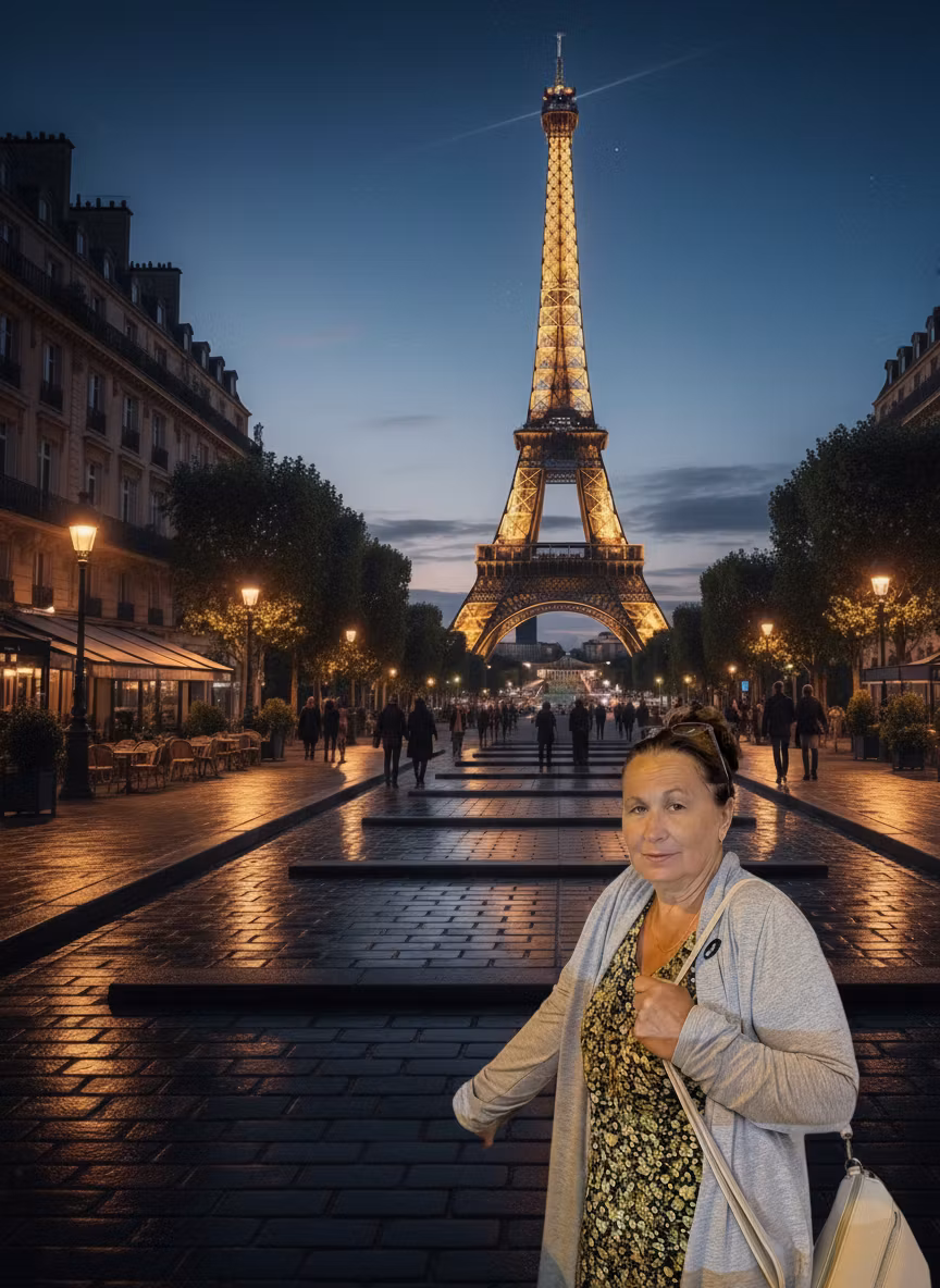 Serhii Anisimov – Take the woman in the floral dress from the second image and naturally place her in the Parisian street scene with th…