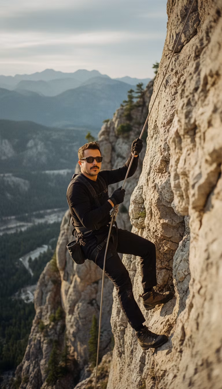 Mohamad Salimy – Cinematic action shot of a Middle Eastern man with short dark hair and mustache rappelling down a steep rocky cliff f…