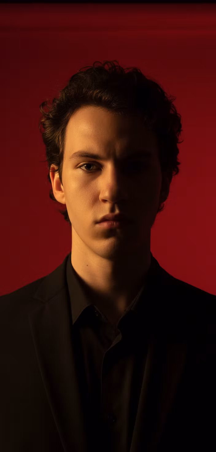 Kevin Kross – Vertical portrait in 9:16 aspect ratio, 1080x1920 resolution, of a young man with short dark curly hair, serious ster…