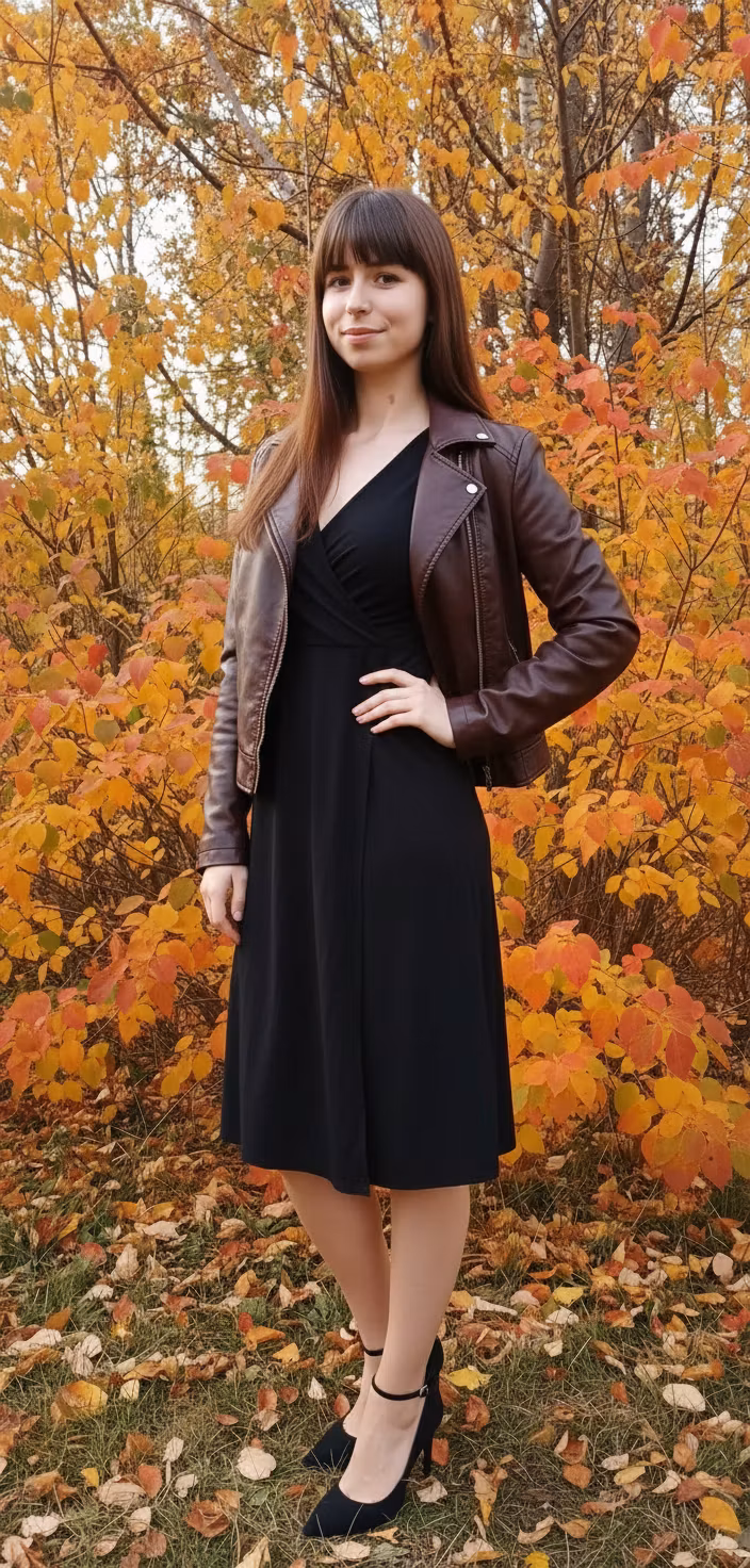 Олеся Завольская – Transform this image to show the woman in full height wearing a stylish short dress, high heels, and a leather jacket…