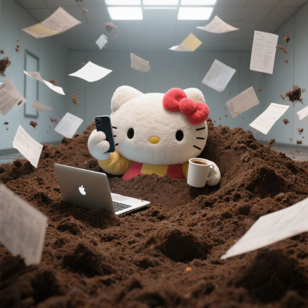 Ccddz – A large Hello Kitty plush toy half-buried in a massive pile of rich brown soil that completely fills an indoor space,…