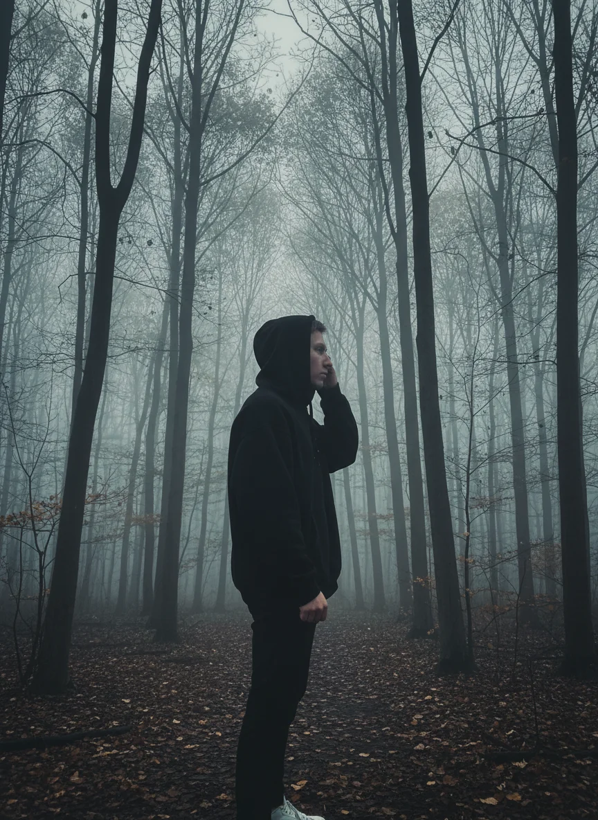 Максим Гуща – Transform this portrait into a moody atmospheric forest photoshoot scene. The young man should be standing sideways i…