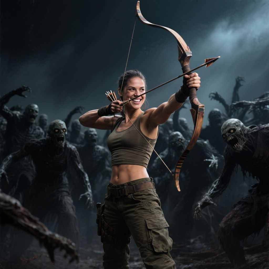 Prism Reality – Muscular athletic female warrior in fitted tank top and tactical cargo pants, holding bow with arrow drawn upward, co…