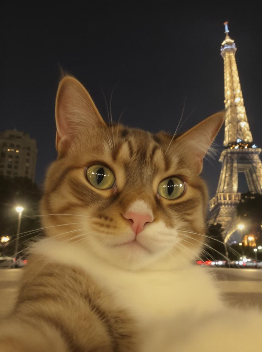 Kyro – An extremely mundane and ordinary iPhone selfie snapshot of a cat at night near the Eiffel Tower in Paris. The photo …
