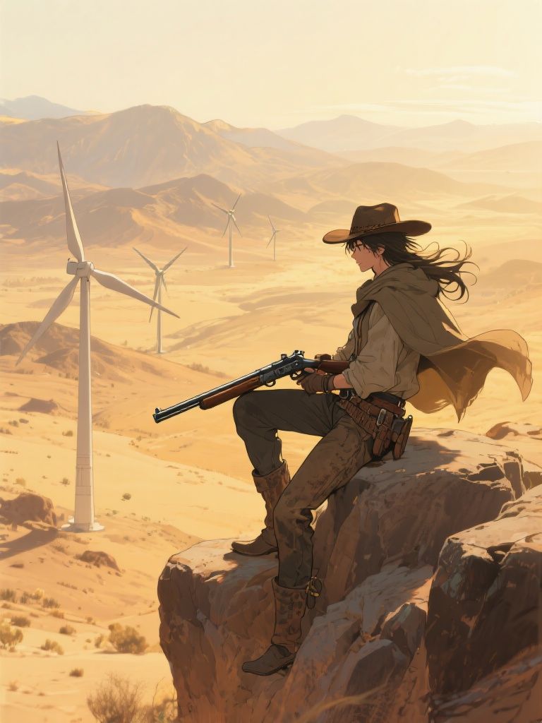 Ccddz – Anime-style male cowboy perched on a rocky ledge, overlooking a vast desert valley bathed in golden sunlight. His lon…