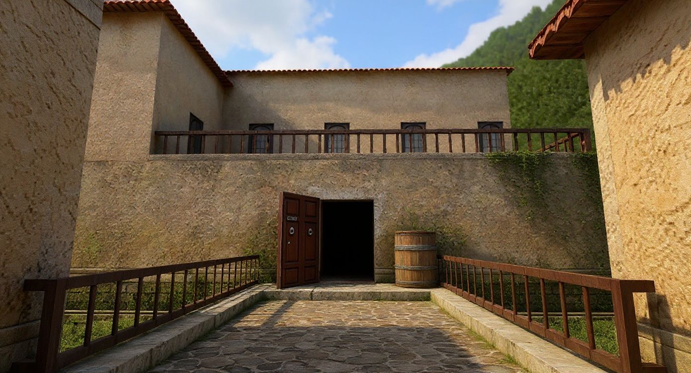 Lanze Vanze – Transform this video game screenshot into a photorealistic Mediterranean village scene. Replace the low-resolution ga…