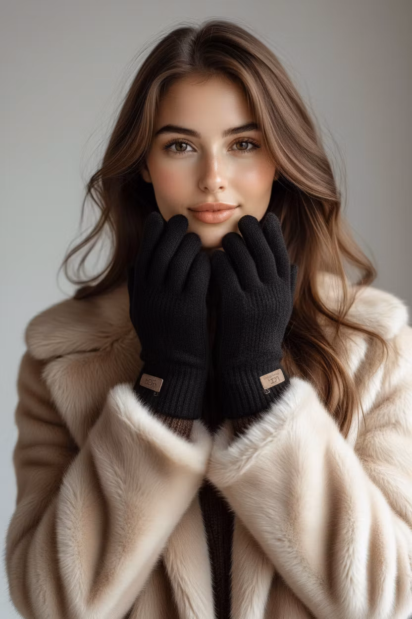 Vacheslav Vishniakov – Replace the beige knit gloves that the woman is holding up to her face with the black knitted gloves from the second …