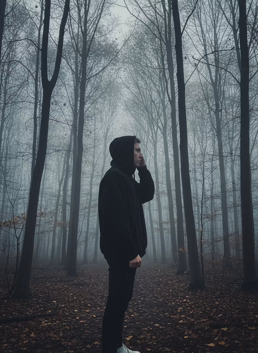Максим Гуща – Transform this portrait into a moody atmospheric forest photoshoot scene. The young man should be standing sideways i…