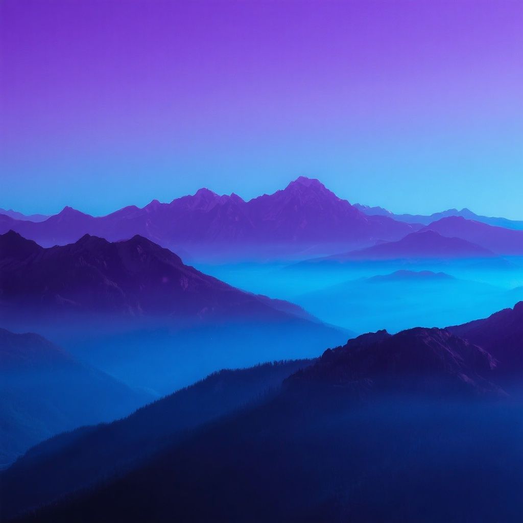 Matt Lamont – Majestic mountain range silhouettes in deep purple and vibrant blue tones, layered peaks creating dramatic depth, gra…