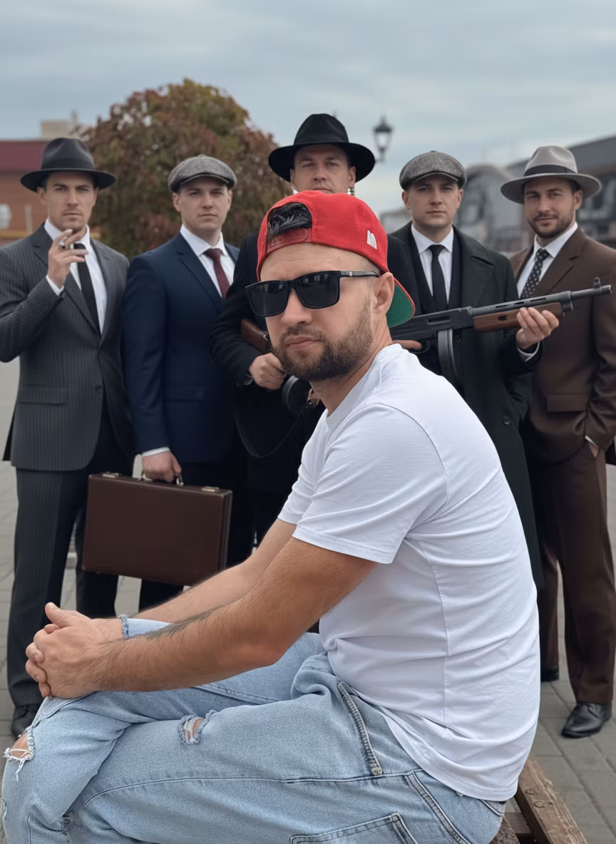 200 gb – Using the provided edited image as the base, add a period-correct Thompson-style submachine gun (Tommy gun) to the ma…
