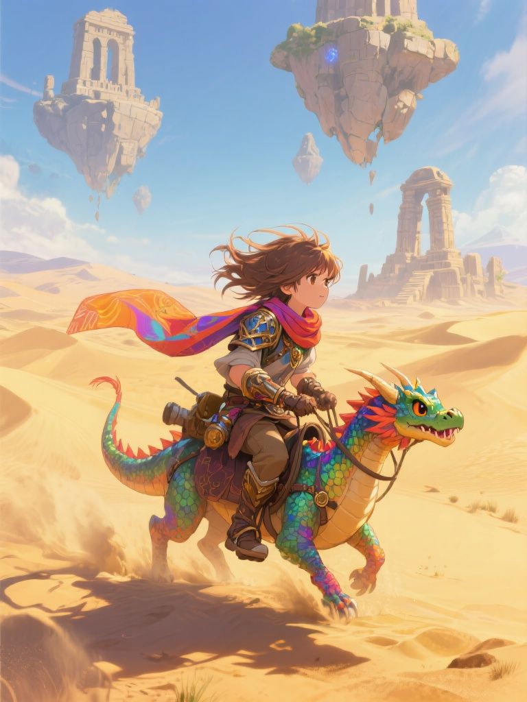Ccddz – Anime-style adventurer with windswept hair riding a compact dragon through vast golden desert landscape, mysterious f…