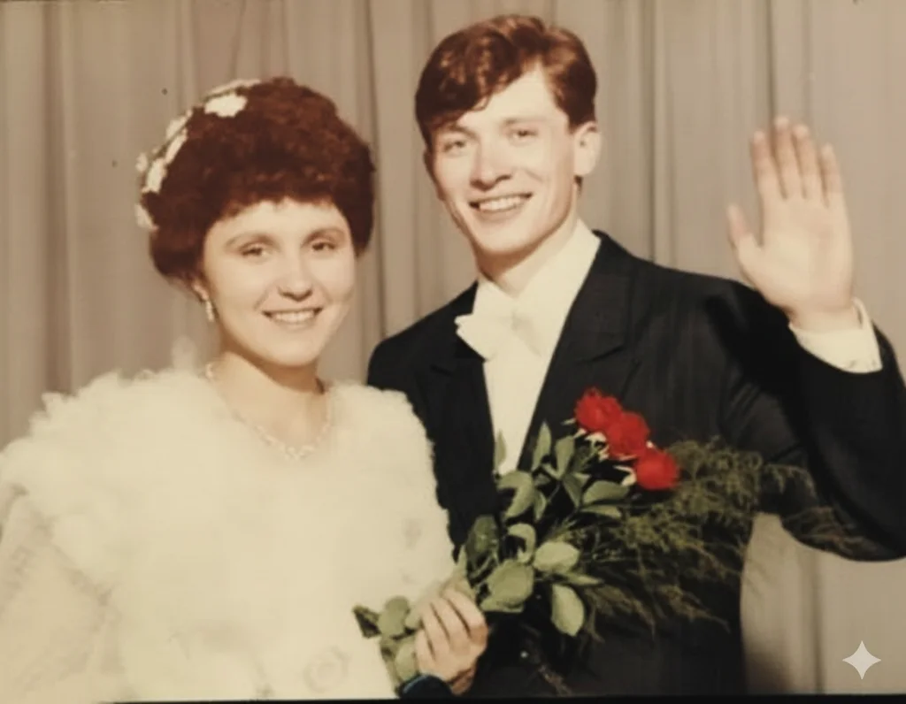 сергей меренков – Transform this vintage wedding photograph into a vibrant, colorful, high-quality image. Restore natural skin tones wi…