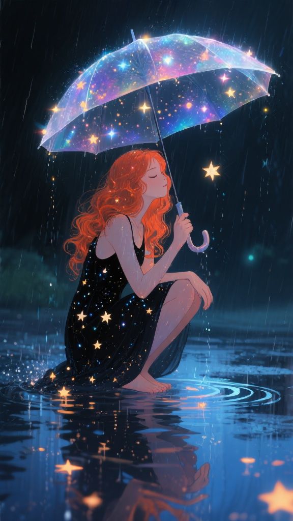Ccddz – A whimsical and imaginative digital painting of a young woman with long, wavy red-orange hair squatting on a damp ref…