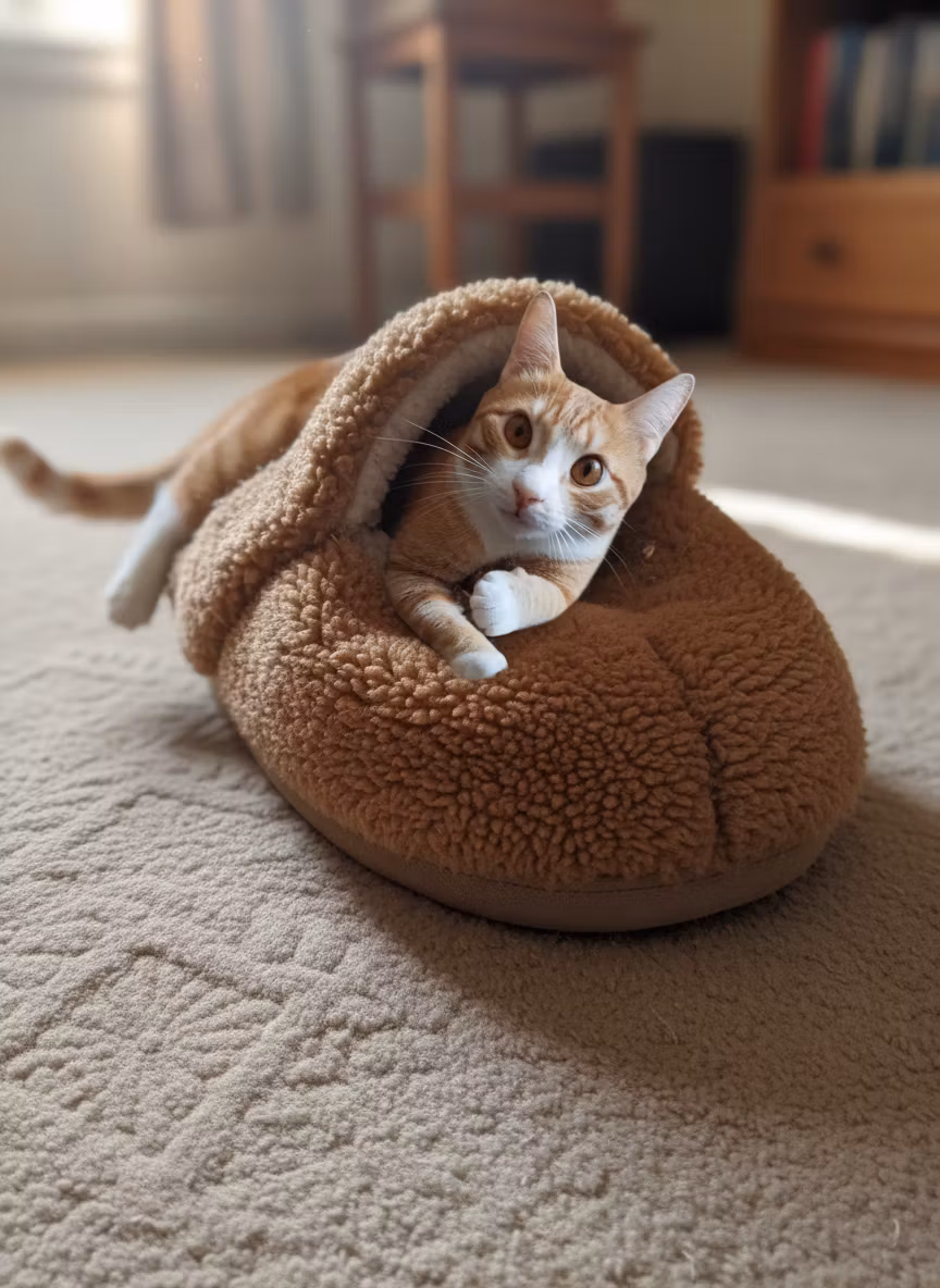 Vktor – Place the orange tabby cat with white chest and paws inside a large, oversized cozy slipper made of soft fuzzy fabric…