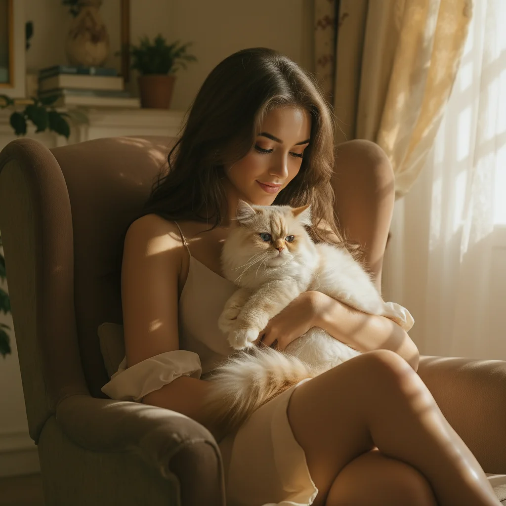 Val – Add a beautiful cat resting peacefully in the young woman's arms. The cat should be elegant and well-groomed, perhaps…