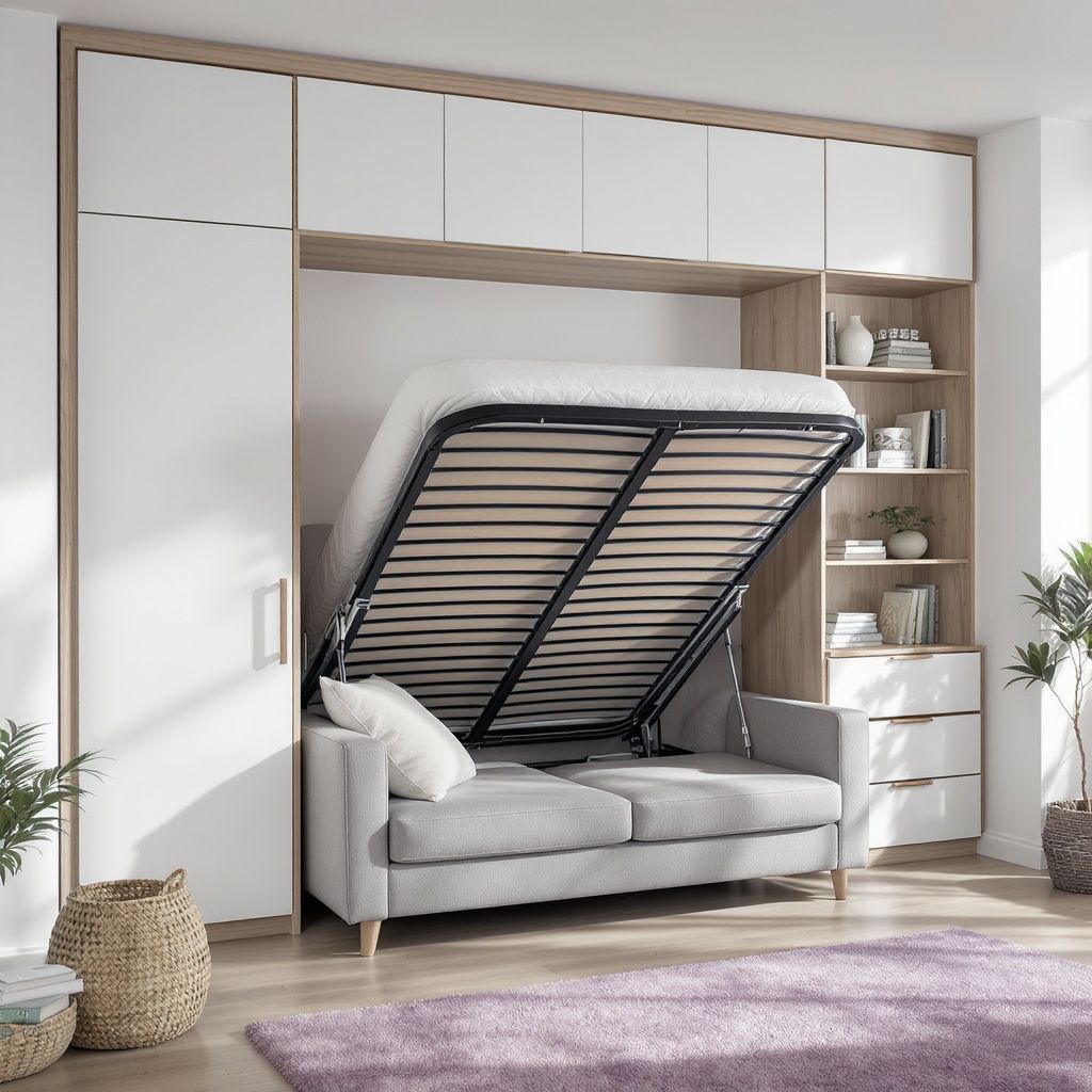 Езерский Михаил – Modern murphy bed system integrated with sofa and storage units. A vertical wall-mounted bed that folds down over a l…