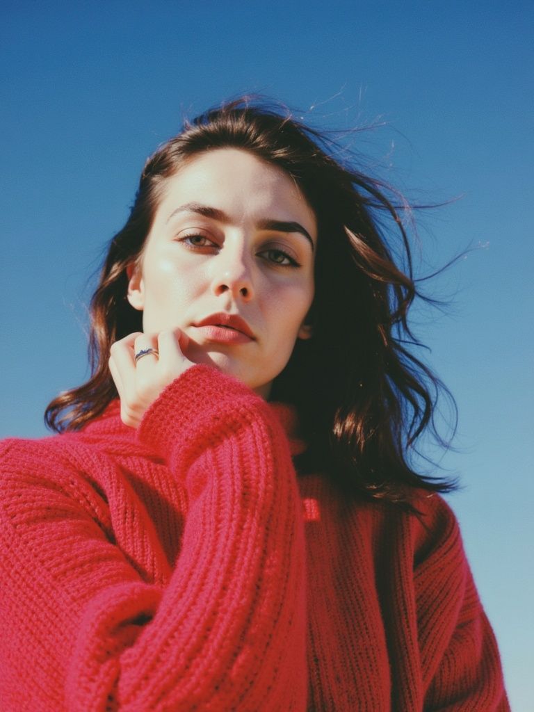 Lina Gul’ – Close-up portrait of a person wearing a vibrant red sweater against a brilliant blue sky backdrop, dramatic cinematic…