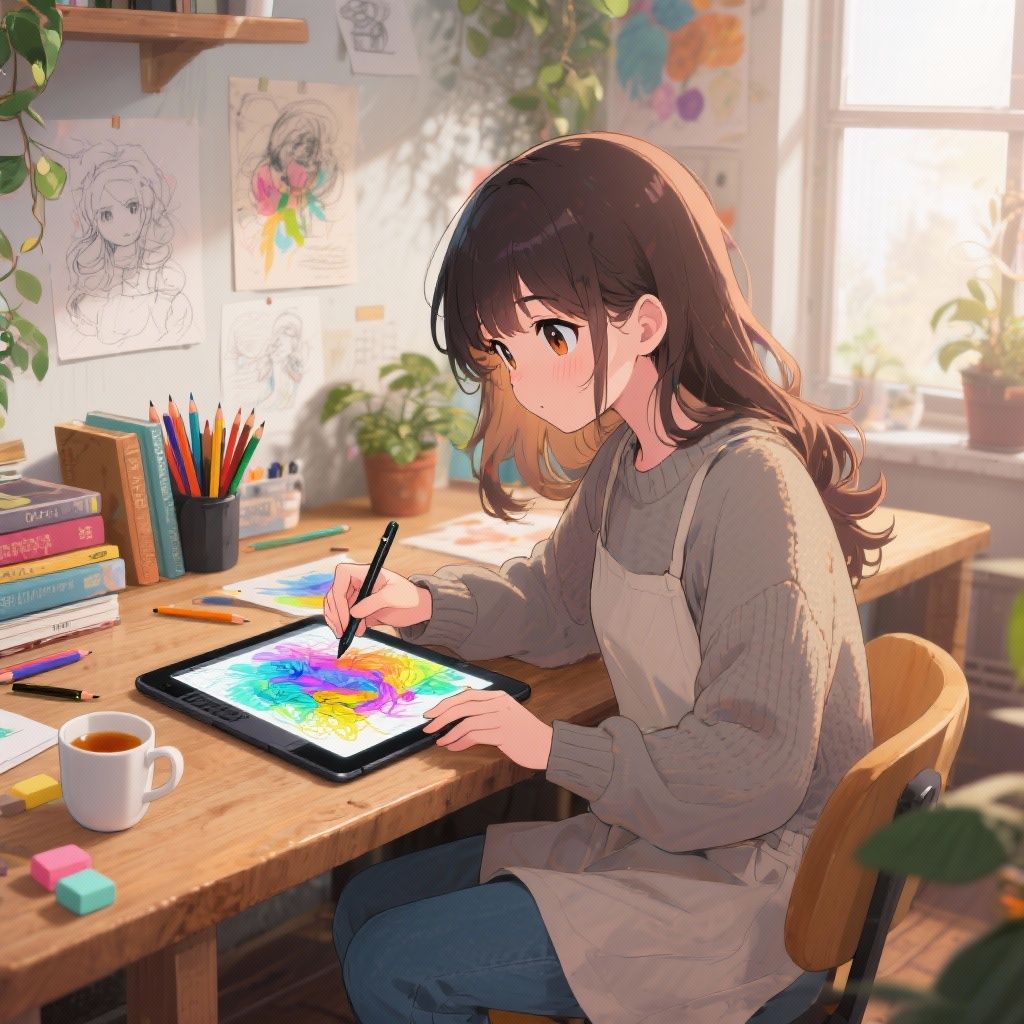 Соня Елышева – A beautiful anime girl with expressive eyes and flowing hair sitting at a wooden desk, focused on drawing on a digita…